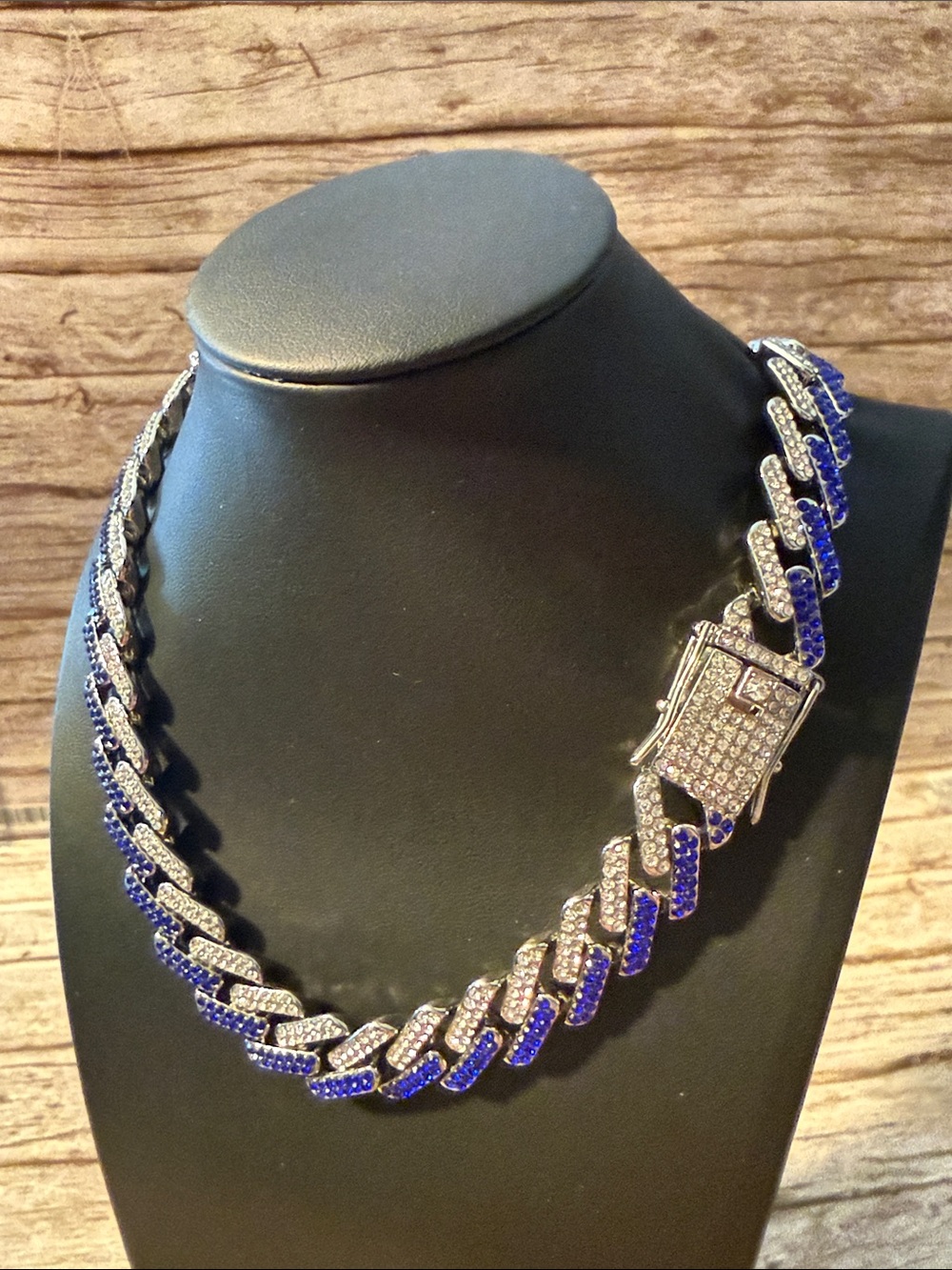 Silver Tone Blue Crystal Cuban Link Bracelet with Clasp
